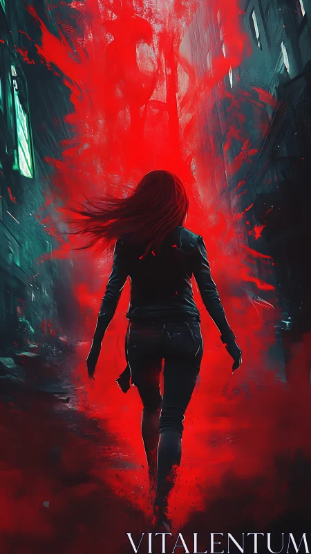 Lone woman strides through a blazing red urban vortex