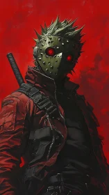 Edgy masked wanderer in red against a blazing backdrop.