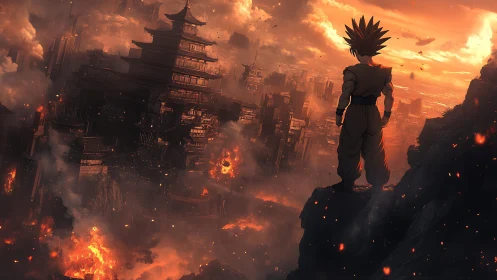 Spiky haired warrior overlooks burning city at sunset.