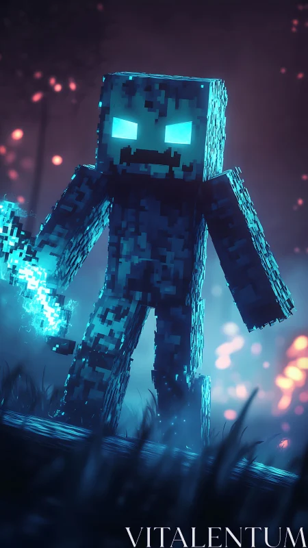 Glowing voxel warrior stalks the neon-tinted midnight wilds.