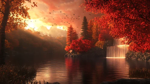 Glowing autumn waterfall welcomes calm across a quiet lake