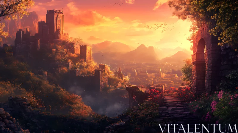 Sunlit fortified valley city in atmospheric depth rendering.