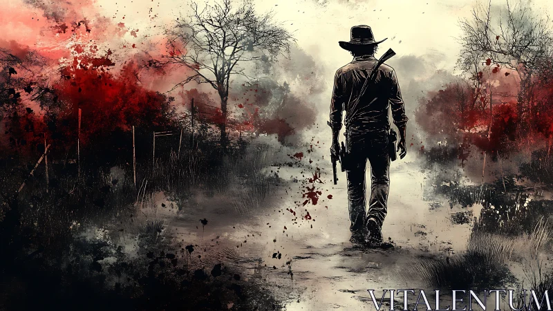 Lone gunslinger walks into desaturated, blood-streaked wasteland