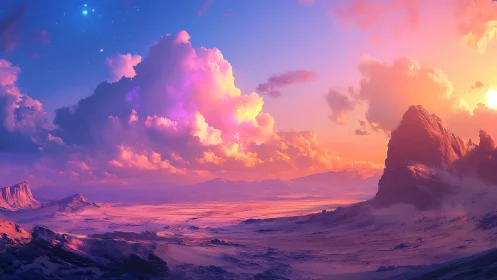 Radiant alien desert under luminous sunset clouds.