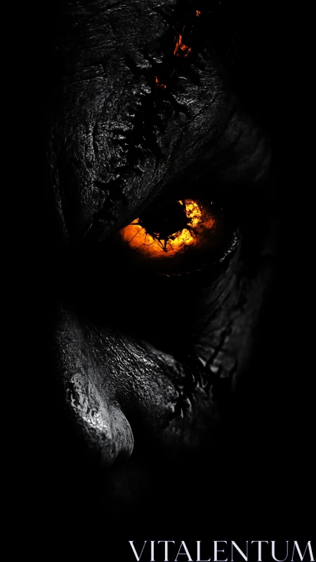 Burning orange eye glows fiercely from a scarred dark face