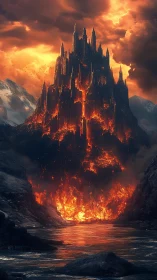 Infernal Castle Engulfed in Hellfire: Gothic Architecture Consumed.