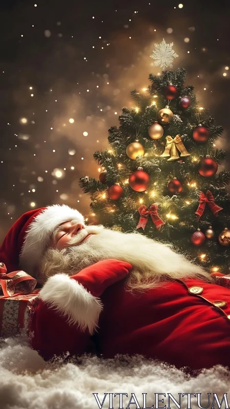 Santa figure reclining before lit Christmas tree at night.