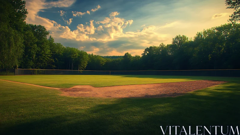 Sunlit baseball infield framed by lush treeline at dusk.