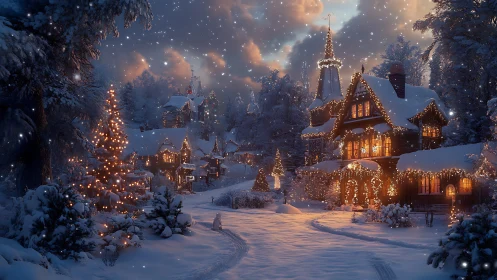 Snowlit Christmas village cottages glowing under twilight.