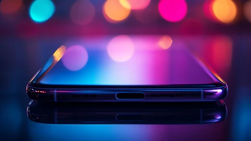 Sleek smartphone resting in dreamy neon city lights glow.