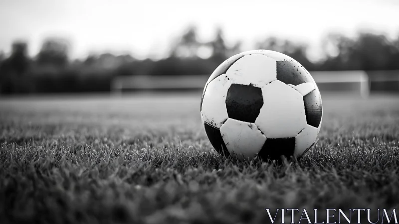 Quiet soccer ball rests on dewy grass before the match