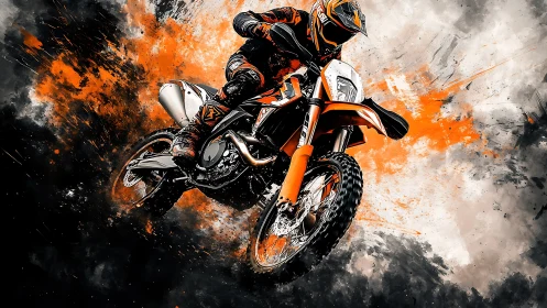 Off-road motorcycle rider in orange abstract digital spray.