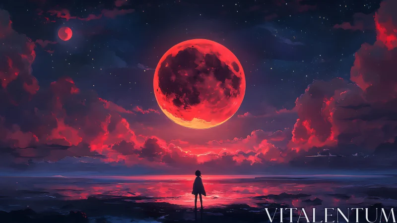 Child beneath a glowing red moon and dreaming night sky.