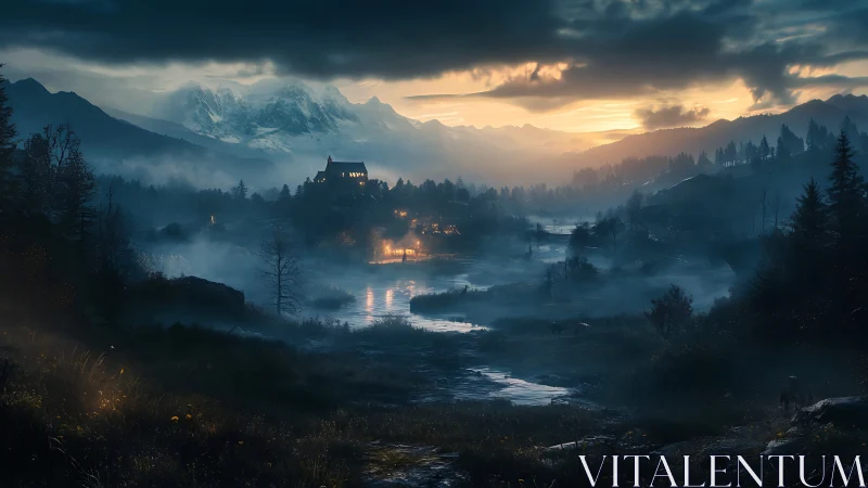 Digital painting of misty valley village at dramatic twilight.