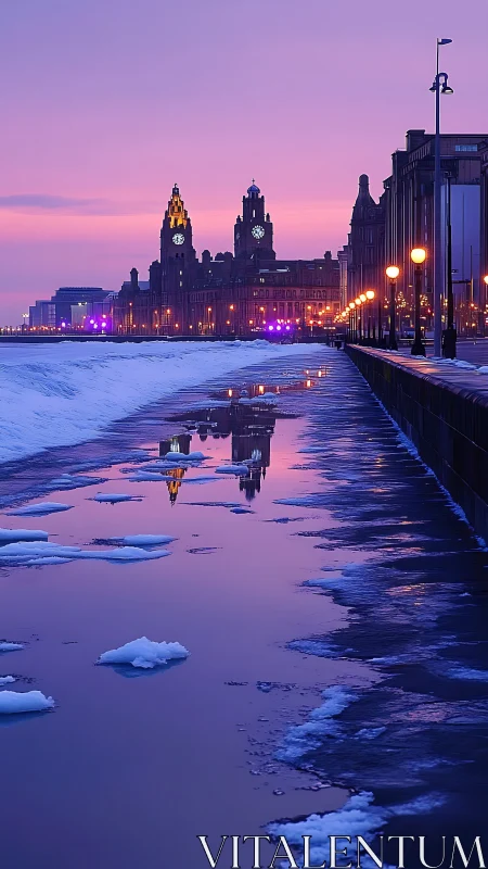 Liverpool waterfront skyline reflected in icy tidal puddle at dusk