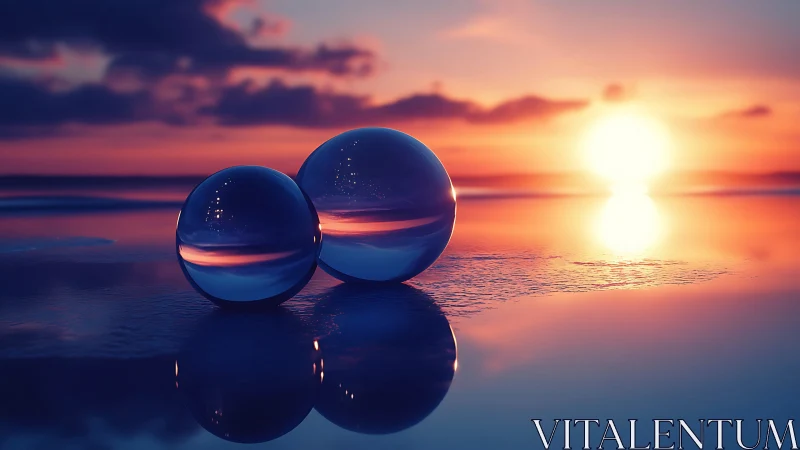 Glass spheres rest on reflective shoreline at sunset