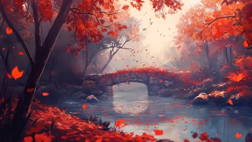 Crimson autumn forest bridge above misty reflective river.
