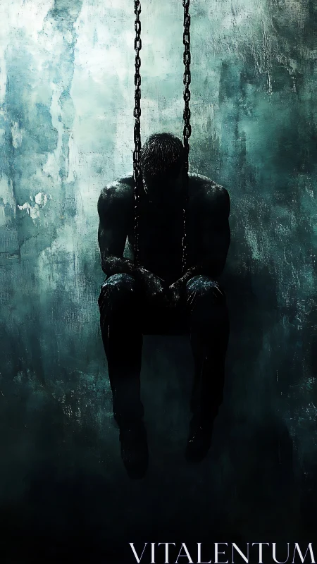 Solitary male figure seated on chain-supported swing platform.