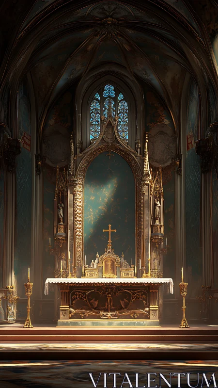 Gilded neo-gothic altar under teal vaulted sanctuary light.