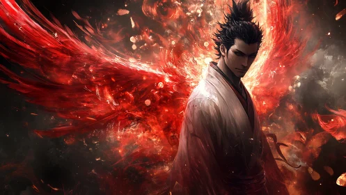 Crimson winged warrior stands calm amid swirling phoenix fire