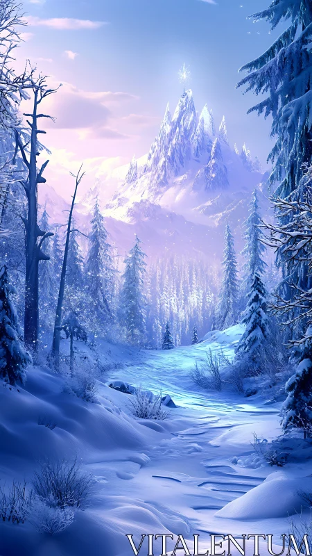 Frozen mountain path under crystalline twilight glow.