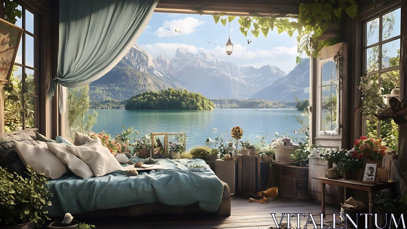 Lakefront bedroom interior with plants and mountain view.