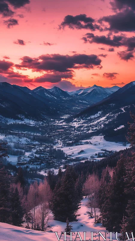 Snow-covered valley landscape lies beneath colored sunset sky