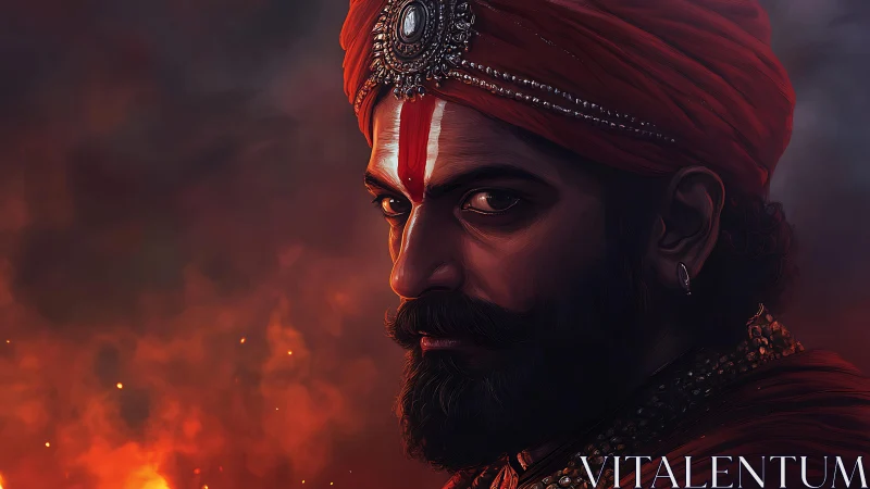 Cinematic warrior portrait with embers and ritual markings.