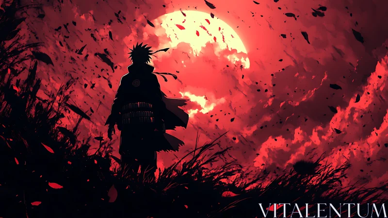 Lone ninja silhouette facing a storm of crimson twilight skies.