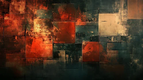 Abstract geometric painting with warm reds and textured modern style.