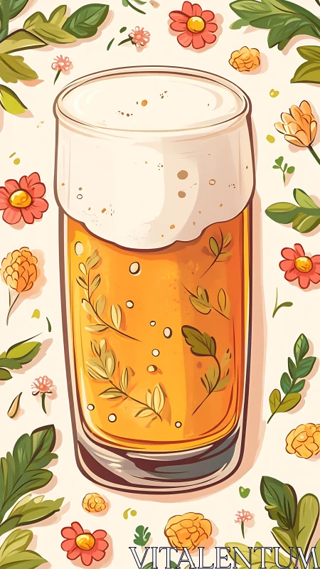 Herbal craft beer glass amid playful floral illustration.