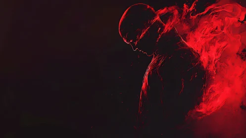 Digital painting of solitary figure wreathed in red vaporous flame.