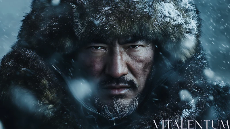 Fur-clad winter survivor portrait in blizzard, ultra-detailed