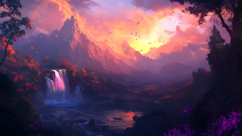 Iridescent sunset waterfall illuminates a stylized fantasy valley