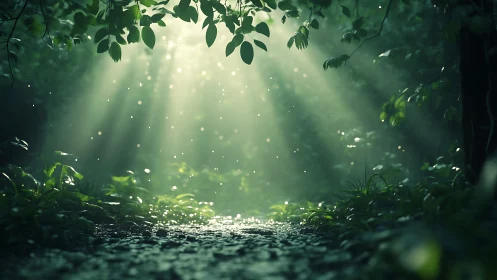 Forest Magic Through Dappled Sunlight and Mist