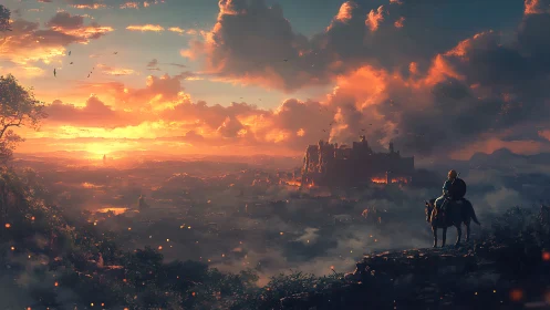 Wanderer on horseback watching a glowing castle sunrise.
