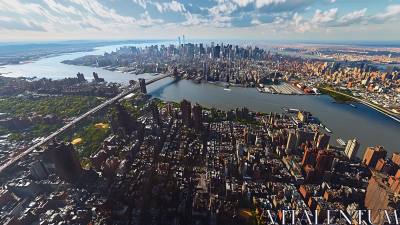 Sunlit city riverscape stretching toward a distant skyline.