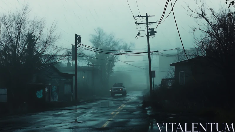 Rain-soaked backstreet car under power lines at dusk.