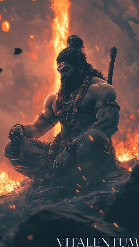 Fire-kissed warrior sage holds stillness inside a storm of embers