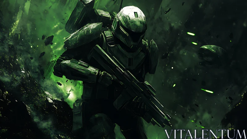 Armored sci fi infantry figure in green hostile environment.