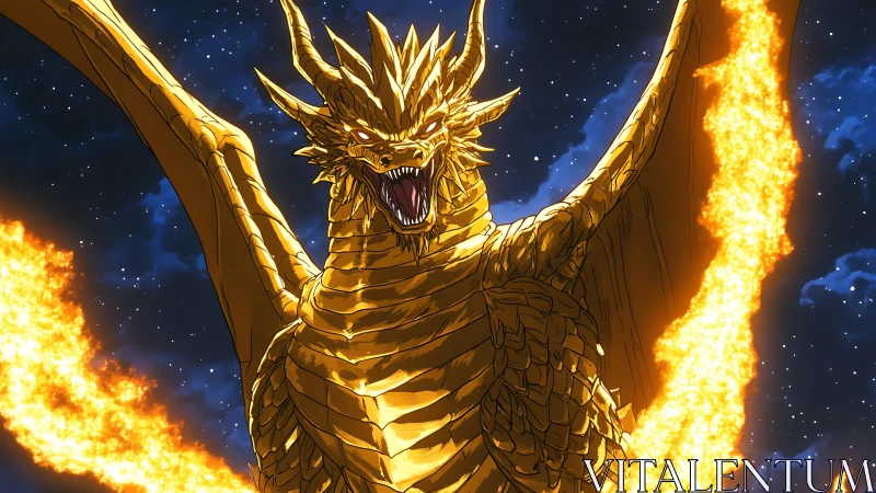 Golden winged dragon erupting fire over starry night sky.