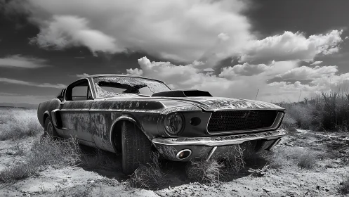 Abandoned muscle car exhibits advanced weathering in high-contrast desert