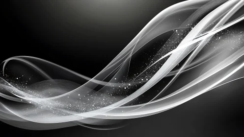 Silver light ribbons curve across dark gradient background.