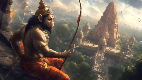 Divine monkey warrior overlooking sunlit Hindu temple complex.