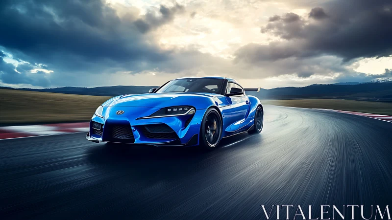 Electric-blue coupe slingshots through storm-lit racetrack dusk