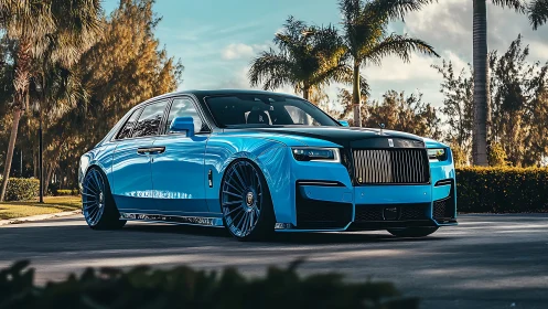 Custom blue luxury sedan glides under warm tropical light.