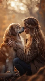 Woman and Golden Retriever in Autumn Setting.