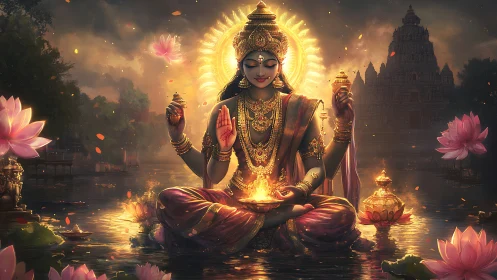 Divine goddess seated on lotus with radiant aureole and fire