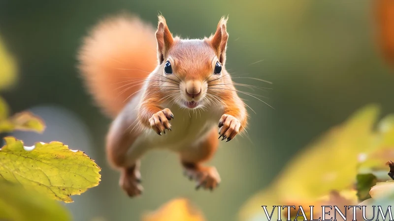 Red squirrel mid-air leap over foliage in soft focus scene.