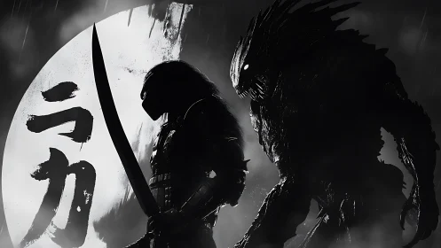 Samurai confronts looming shadow beast beneath a storm moon